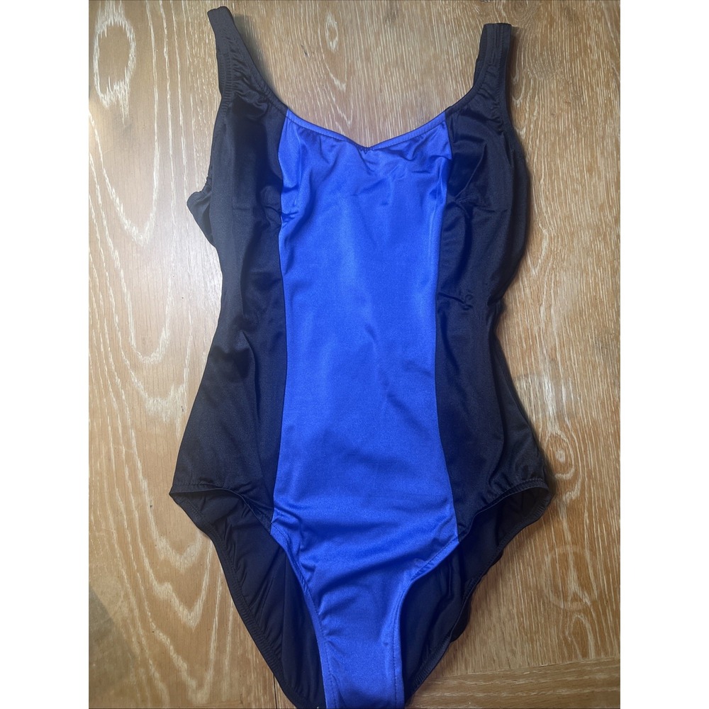 Lands' End Swimsuit One Piece Sz 16 Black Purple Shelf Bra Slimming NEW! USA